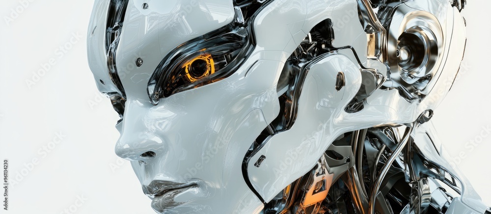 Aufkleber futuristic robot head or intricate humanoid cyber face close up view on a white background 3d render