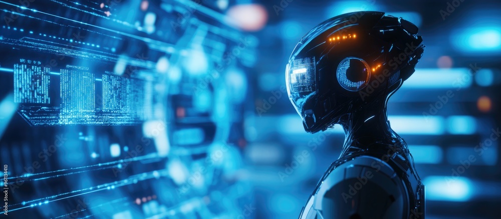 Poster humanoid robot stands against a futuristic backdrop interacting with a virtual hud interface in augm