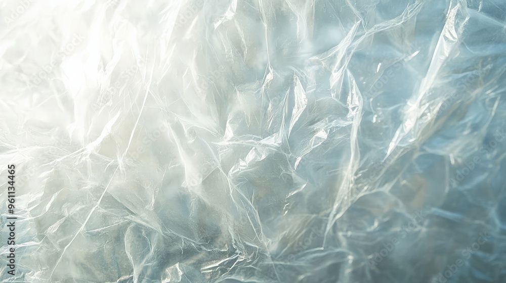 Poster abstract close-up of crumpled plastic sheet with light reflection, creating a textured and transluce