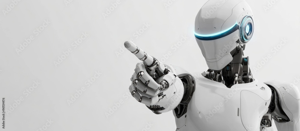 Poster 3d rendering of a humanoid robot pointing with its finger on a white background