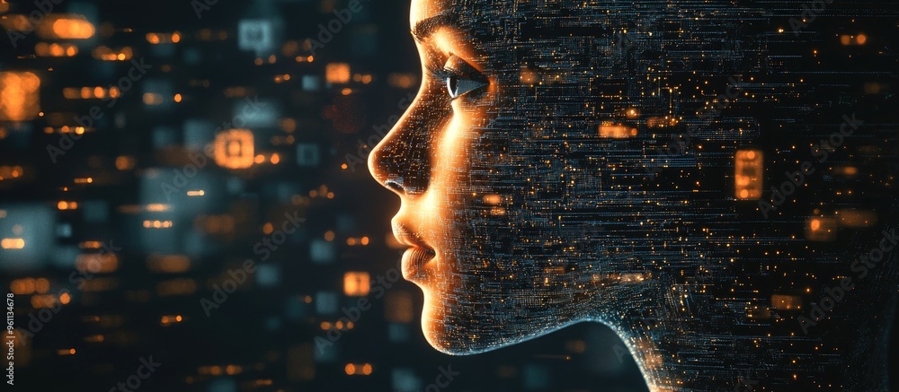 Poster human face silhouette blended with technology symbols representing themes of computer science artifi