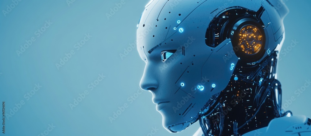 Aufkleber holographic projection of a robotic head on a blue background showcasing artificial intelligence in 