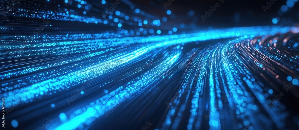Poster fast moving blue stripes with a glowing effect representing wireless data lines and high speed inter