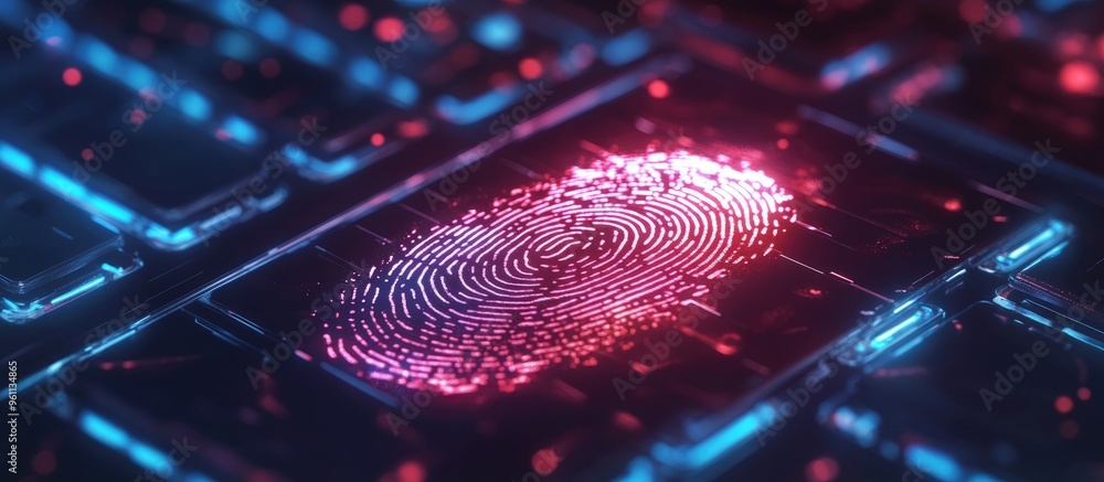 Poster computer on a desktop with a fingerprint illustration in a dual exposure style represents the concep