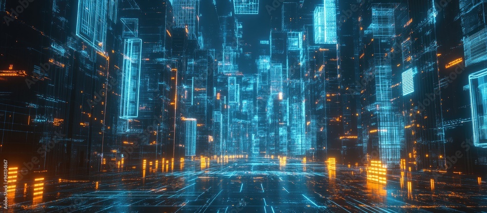 Poster futuristic urban landscape showcasing advanced digital technology 3d rendering of a modern ai driven