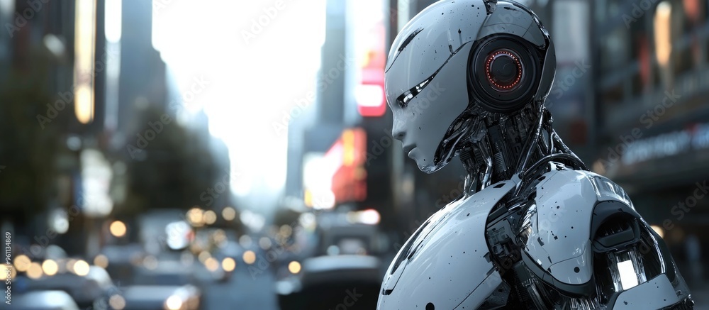 Poster humanoid robot navigating an urban environment showcasing advanced automation technology in a futuri