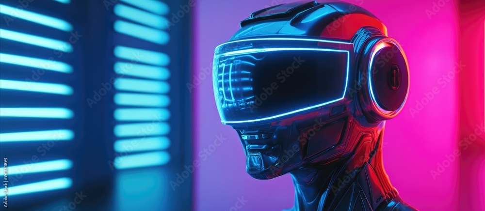 Poster 3d render of robot designed in a retro wave style showcasing elements of artificial intelligence and