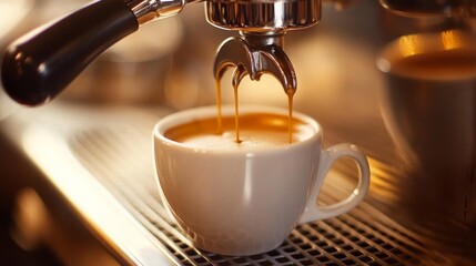 A robust cup of coffee is brewed with an espresso coffee maker.