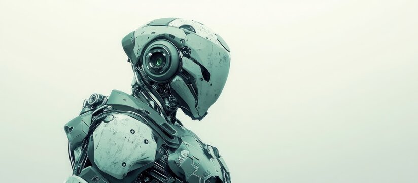 Futuristic mech soldier in green and gray armor stands against a white backdrop The robot piloted and featuring scratched metal showcases advanced military design 3D rendering