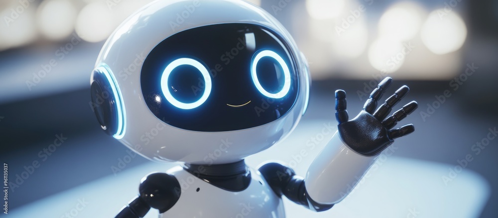 Poster 3d rendering of a cute small robot designed as an artificial intelligence assistant featuring a cart
