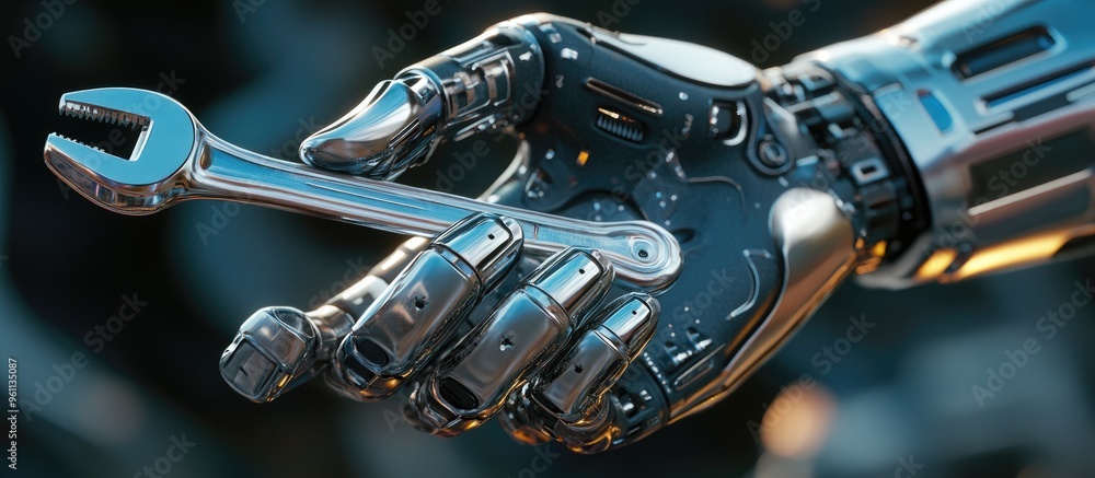 Poster 3d rendering of a robotic hand gripping a wrench illustrating engineering and technology concepts