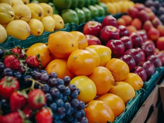 Close-up of a Variety of Fresh Fruits in a Market Stall