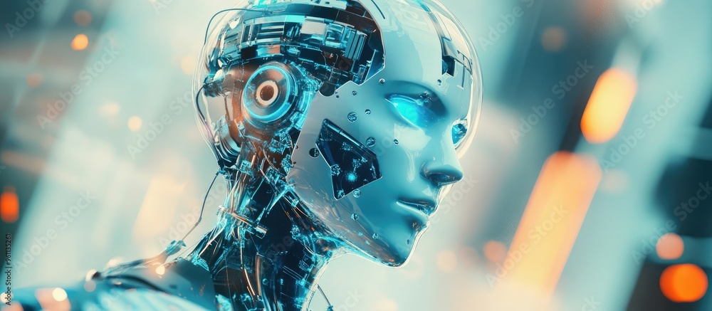 Poster double exposure featuring an abstract hologram of virtual robotics technology set against a blurred 