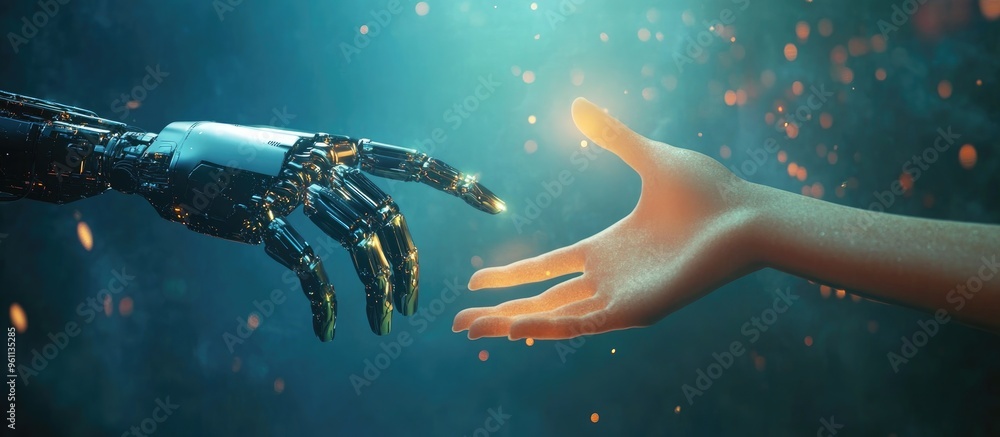 Aufkleber a robotic hand reaches toward a human hand symbolizing the connection between technology and humanit