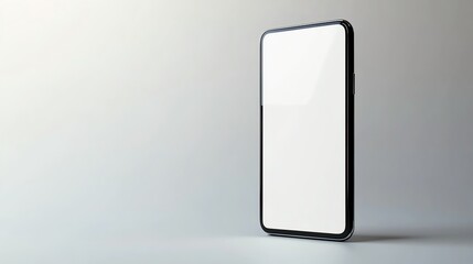 A black smartphone with a blank white screen is lying on a gray surface.