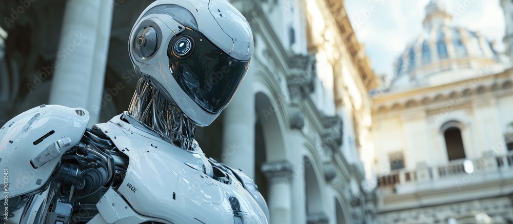 Poster humanoid robot navigating a bustling urban environment showcasing advanced 3d animation and the conc