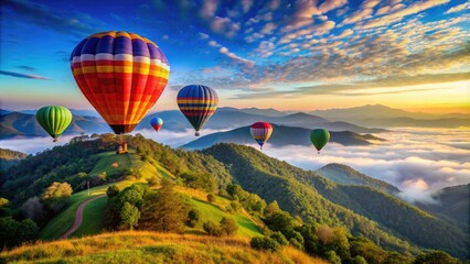 Fototapeta premium Colorful hot air balloons flying over mountains at Doi Inthanon in Chiang Mai, Thailand, Hot air balloons