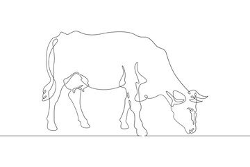 Continuous one line drawing dairy cow. Cattle. Dairy industry. Milk. Side view of a cow.One continuous line isolated minimal illustration.