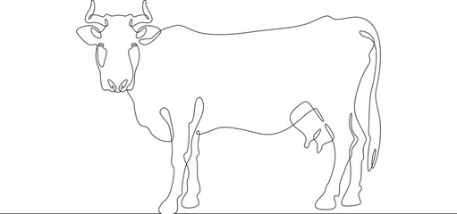 Continuous one line drawing dairy cow. Cattle. Dairy industry. Milk. Side view of a cow.One continuous line isolated minimal illustration.