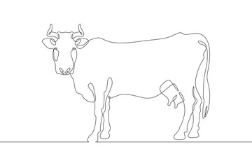 Continuous one line drawing dairy cow. Cattle. Dairy industry. Milk. Side view of a cow.One continuous line isolated minimal illustration.