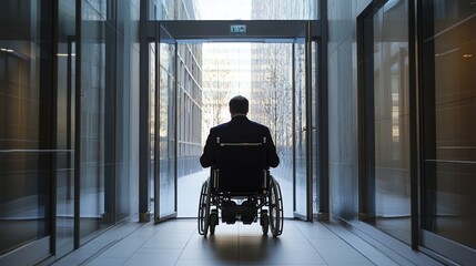 A business professional in a motorized wheelchair entering a modern office building navigating through automatic doors