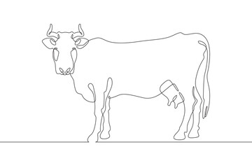 Continuous one line drawing dairy cow. Cattle. Dairy industry. Milk. Side view of a cow.One continuous line isolated minimal illustration.