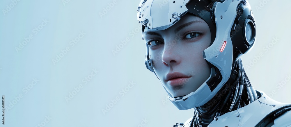 Poster cyborg portrait with a realistic 3d design set against a bluish backdrop