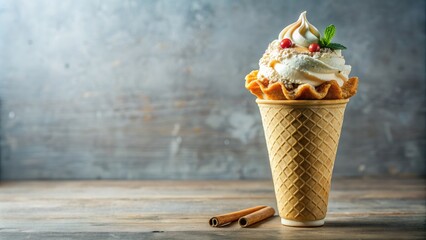 Refreshing ice cream in a tall waffle cup with cream toppings on light background, ice cream, waffle cup, cream toppings, dessert