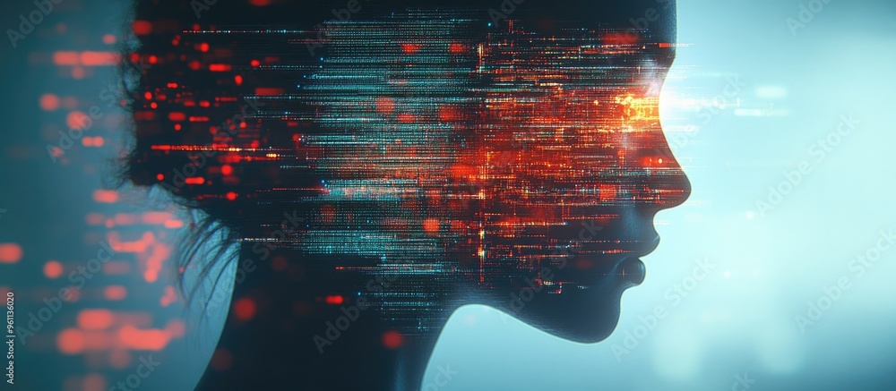 Poster double exposure combining computer and technology illustrations representing the idea of innovation