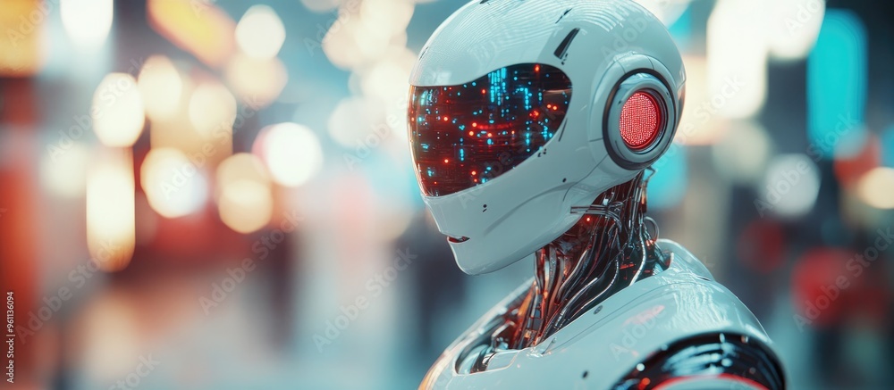 Poster 3d render of a robotic cyborg with a blurred background showcasing advancements in technology and au