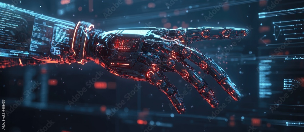 Poster futuristic analytics with robotic systems for hand protection showcasing computer generated analytic