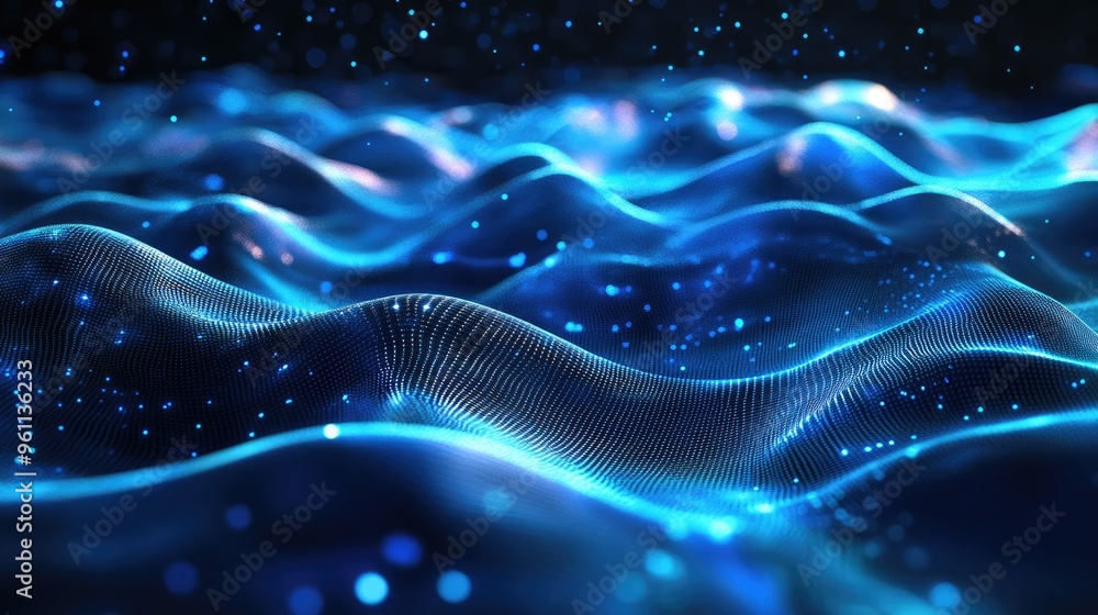 Poster abstract blue futuristic background featuring intersecting wavy lines in a cosmic setting
