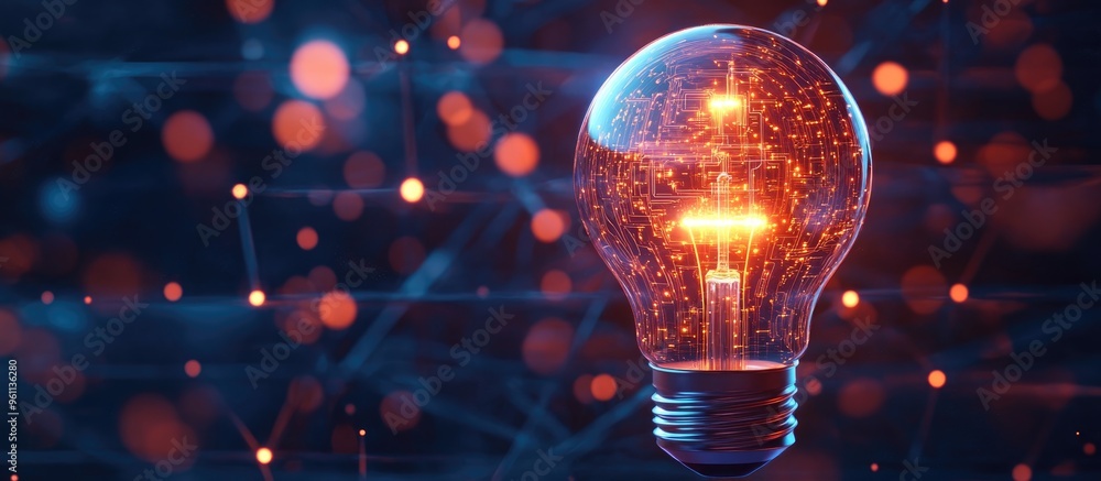 Poster a luminous lightbulb featuring an inner circuit design against a dark blue backdrop symbolizing tech