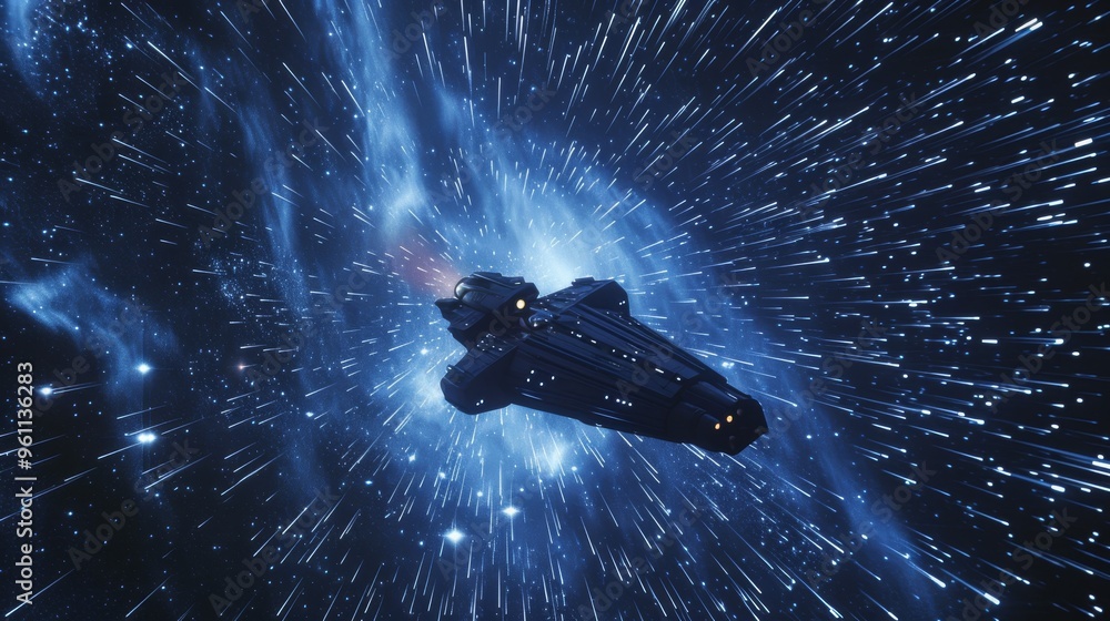 Poster a powerful starship races through deep space at high speed, creating a dynamic warp effect with stre