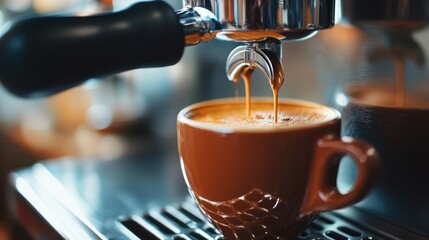 A robust cup of coffee is brewed with an espresso coffee maker.