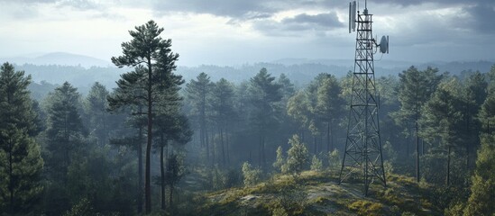 Wireless communication tower in a remote forested area facilitating connectivity for people in rural regions