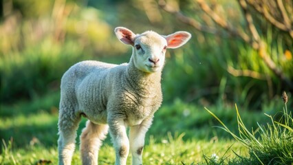 Fototapeta premium Mild lamb standing in a lush green pasture, lamb, sheep, mild, cute, fluffy, animals, farm, nature, peaceful, domestic, livestock