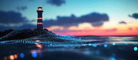 Futuristic lighthouse in a digital landscape 3D illustration showcasing evolving technology and its potential to guide innovation and leadership