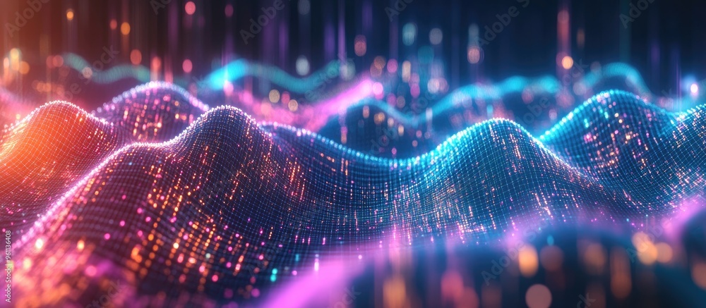 Poster dynamic data visualization featuring a flowing array of sounds abstract backdrop with interconnected