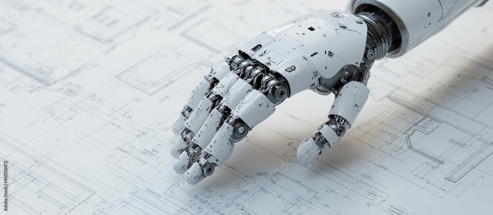Poster robotic hand on technical blueprint set against a white backdrop 3d rendering