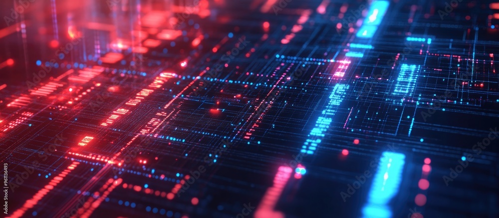 Poster blue and red artificial intelligence text set against a cyberspace backdrop featuring lines and dots