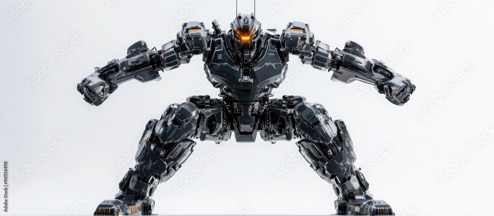 Poster a 3d illustration of a large robot engaged in kung fu combat against a white backdrop showcasing dyn