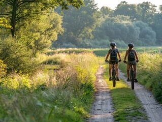 Two Women Cycling on a Dirt Path Through a Forest