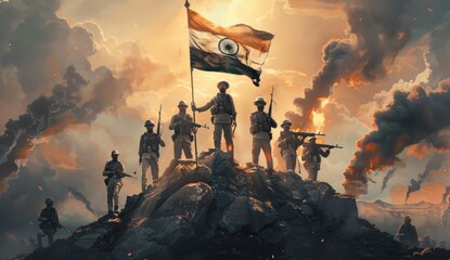 A group of soldiers in uniform stand on top of a mountain holding an Indian flag sunset behind them on the sky.