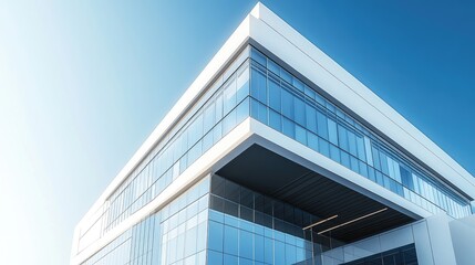 Modern office building under a clear blue sky
