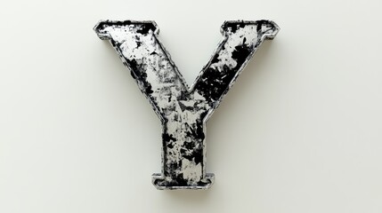 Grungy 3D illustration of a lowercase metallic silver chrome letter Y featuring a glitchy black and white crosshatch effect in a royal medieval style on a white backdrop