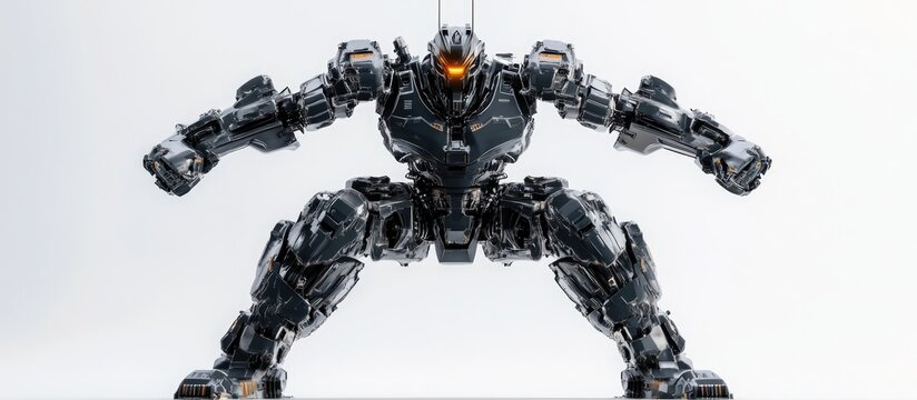 A 3D illustration of a large robot engaged in kung fu combat against a white backdrop showcasing dynamic fighting poses from a front perspective