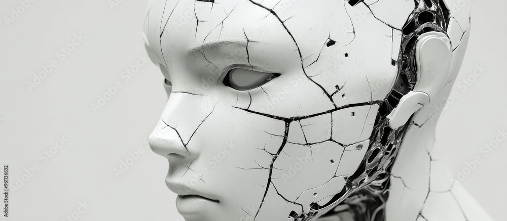 Poster abstract white robot head featuring cracks rendered in 3d isolated on a white background