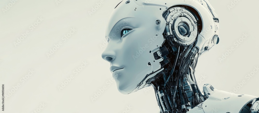 Poster humanoid robot head representing the concept of artificial intelligence