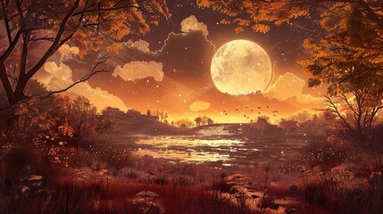 A full moon shines over a tranquil lake in a forest, casting a golden glow on the water and trees.